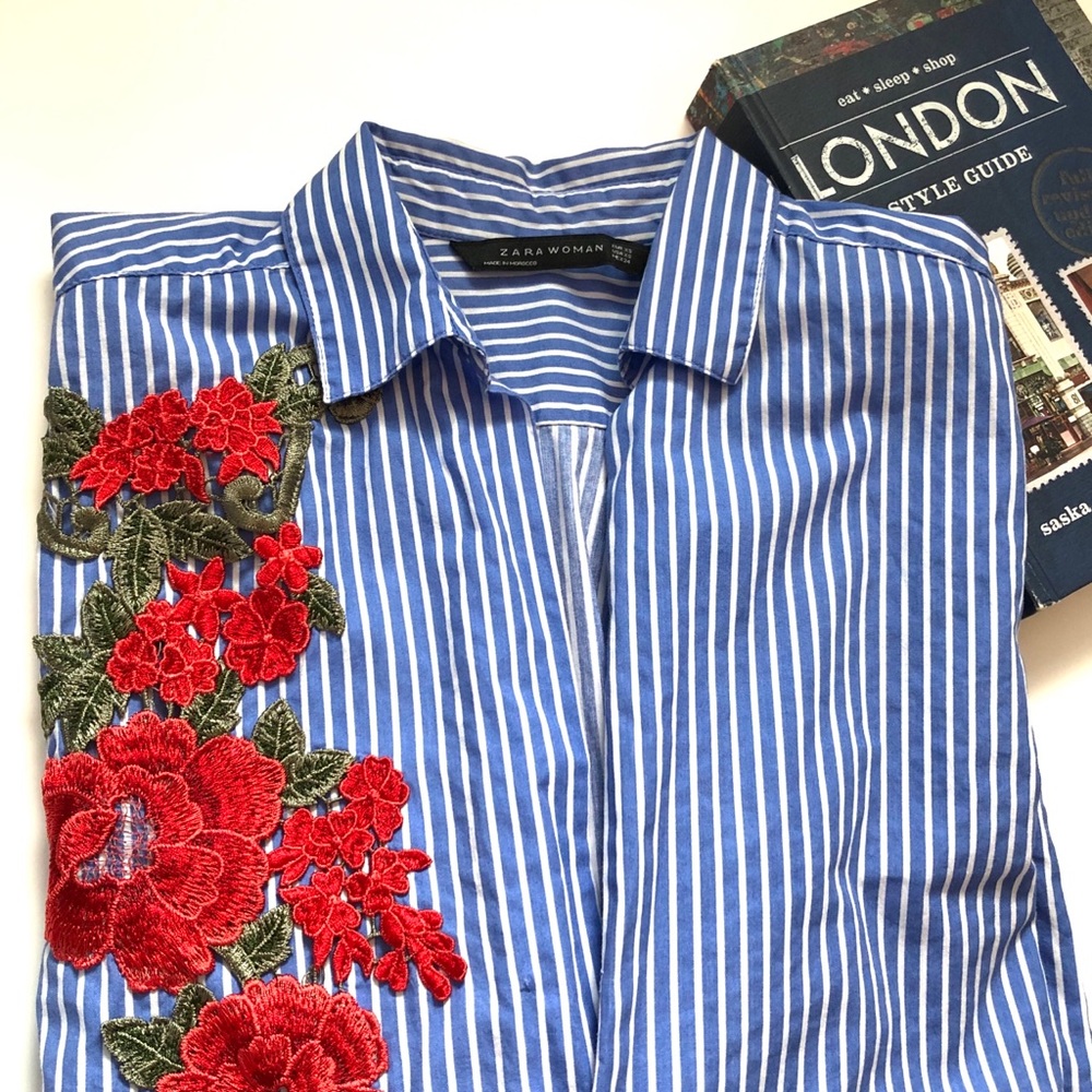 Zara Woman Blue Stripe w Floral Embroidery Shirt